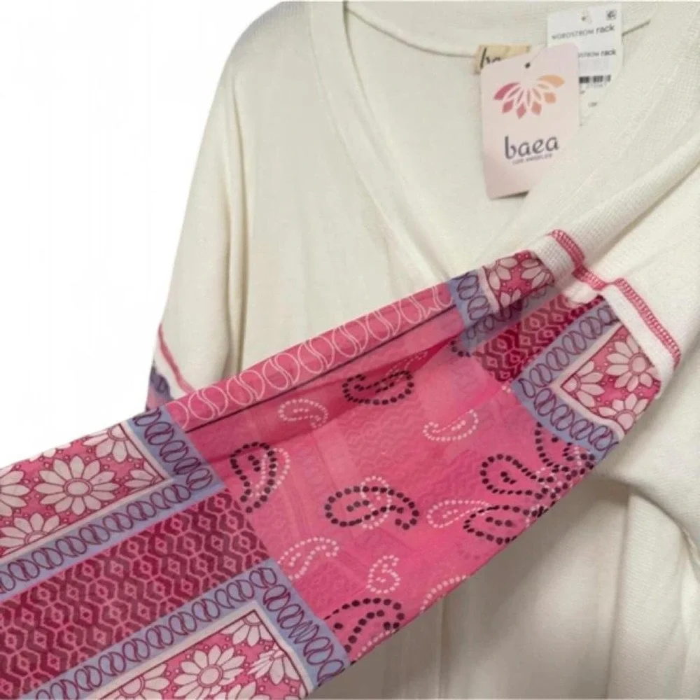 Baea Boho Mixed Pattern Sleeve Cardigan Ivory Pink Paisley Floral Large NWT